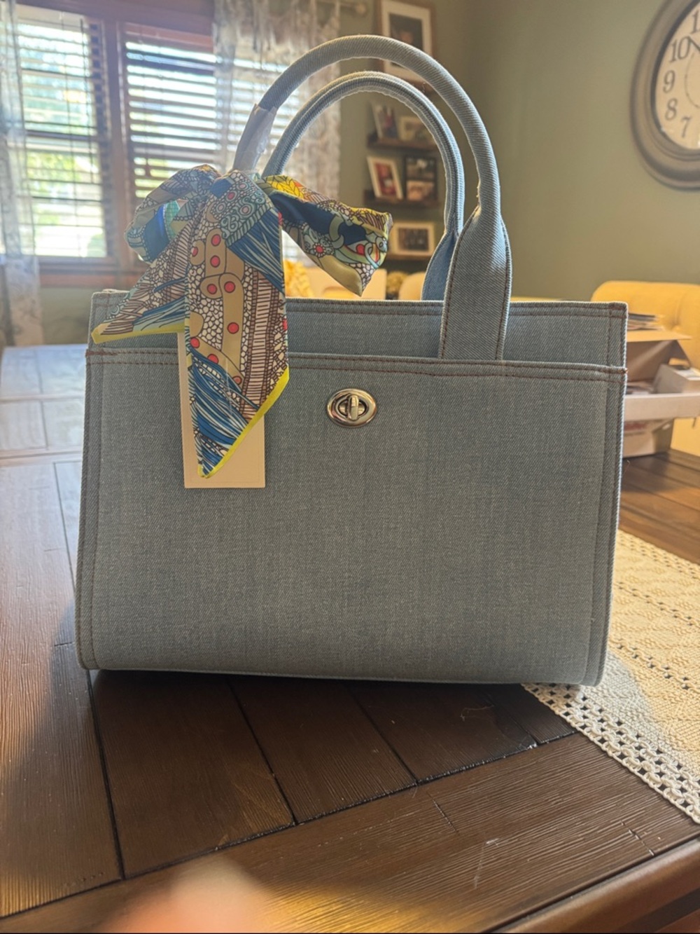 Isabelle Structured Light Blue denim Satchel Tote with Scarf Accent